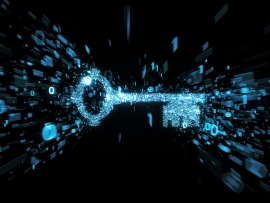 Glowing blue digital key with streaming binary numbers illustrating cyber security and encryption