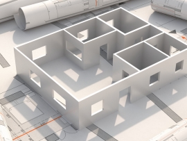 Residential building blueprint plans and house model. 3d illustration